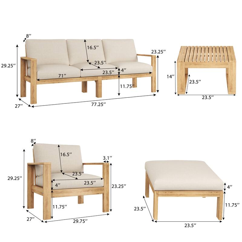 4-Piece Outdoor Wood Sectional Sofa Set, Water-Repellent Patio Sofa with Cushions and Coffee Table