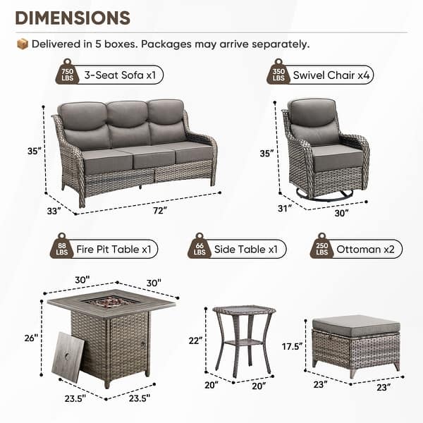 dimension image slide 0 of 11, Pocassy Outdoor Wicker Sofa with Swivel Chair Fire Pit Table Furniture Set.