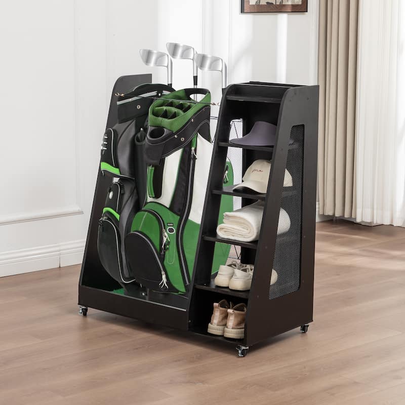 Golf Bag Organizer Rack - Premium 2-Bag Wooden Storage Stand for Garage or Shed - 35.5" L x 18" W x 40" H