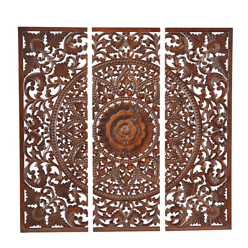 Wooden Handmade Intricately Carved Floral Wall Decor with Mandala Design (Set of 3) - Brown or White