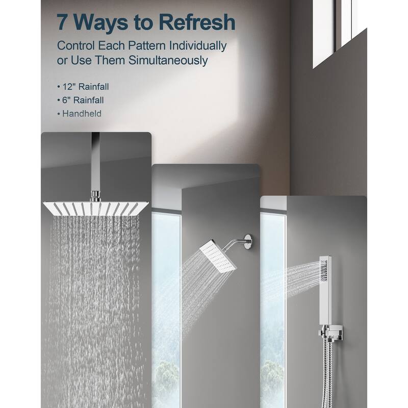 GRANDJOY 12" Rainfall & 6" Dual Shower System with 2-Handle Waterfall Faucet Set Combo Kit