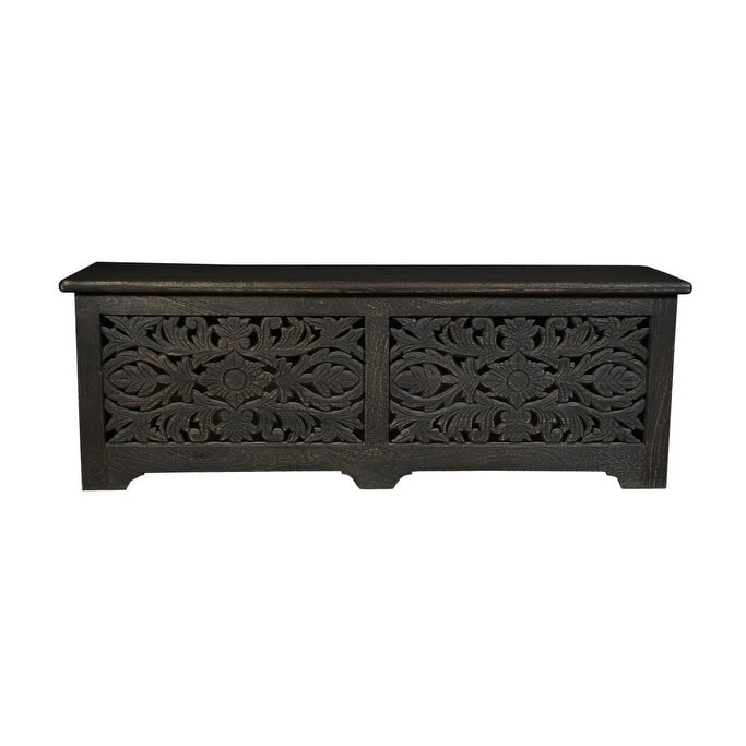 HomeRoots 52" Black Distressed Solid Wood Carved Floral Storage Ottoman
