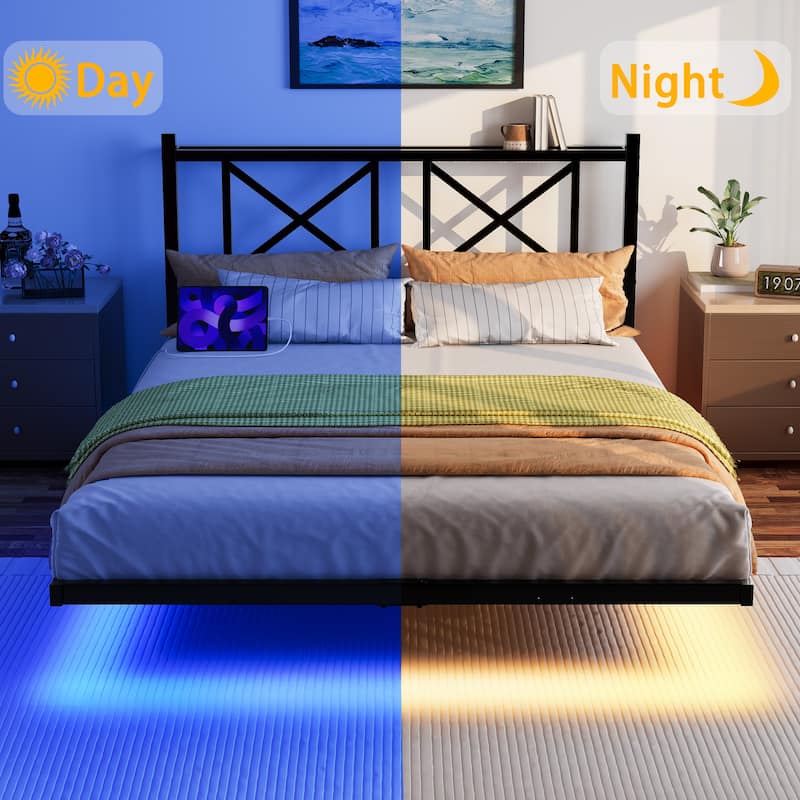 Queen Size Floating Bed Frame with Headboard and Storage, Full Size Platform Bed Frame with USB Charging Station