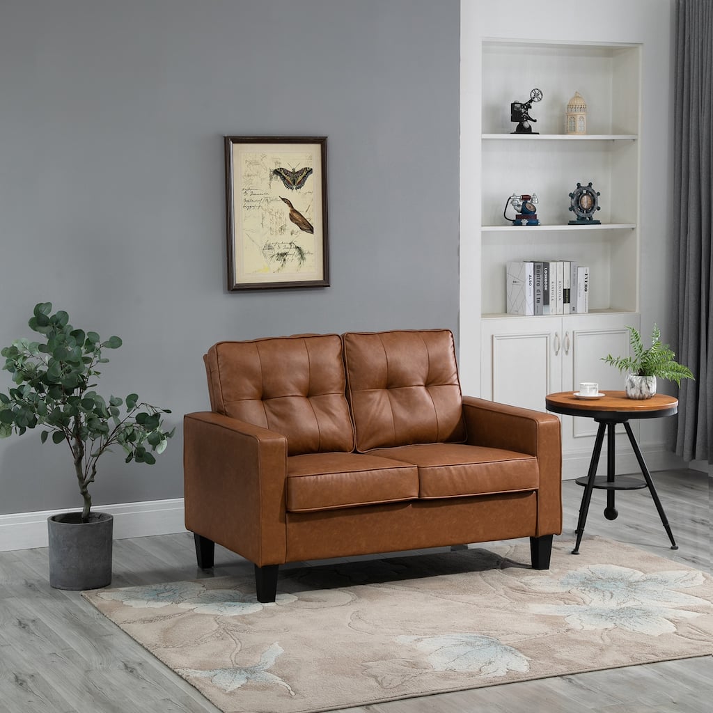 HOMCOM 51" Wide Double Sofa with Armrest, 2-Seater Tufted PU Leather and Pocket Spring Sponge Padded Cushion, Brown