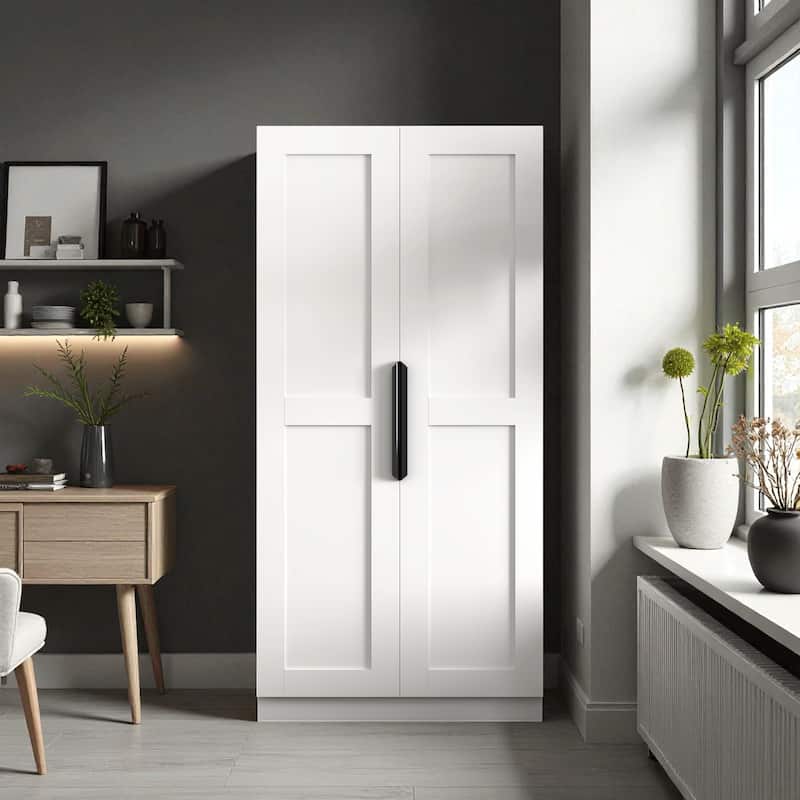 63" Freestanding Kitchen Pantry Storage Cabinet with Adjustable Shelves and Doors, Modern Buffet Cupboard Sideboard - White