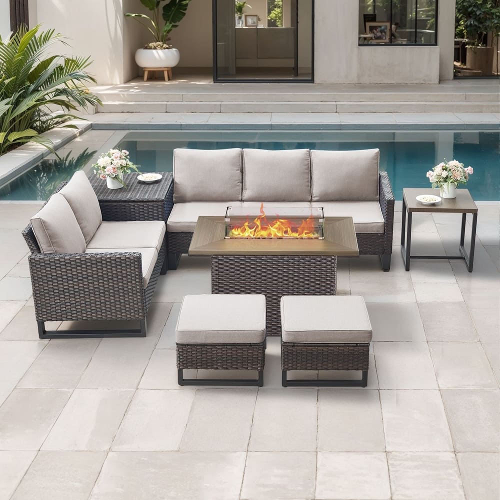 Gymojoy 7 Piece Wicker Outdoor Patio U-shaped feet Conversation Set Group , Include Fire Pit Table