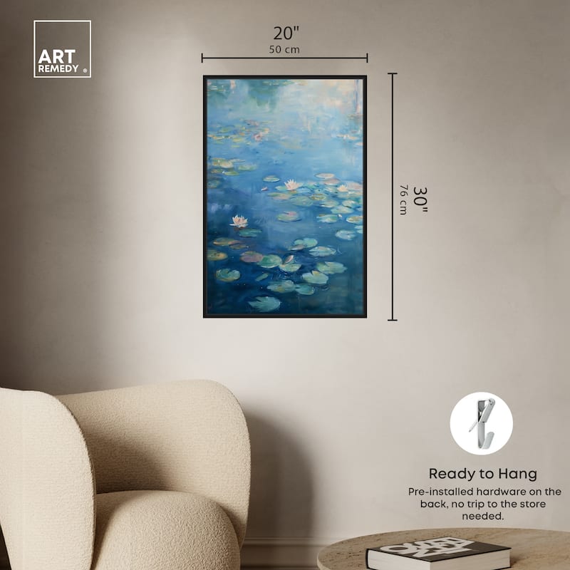 Art Remedy Lilypads In Blues Framed Impressionism 1 Piece Canvas Wall Art /Monet And Van Gogh Inspired Art