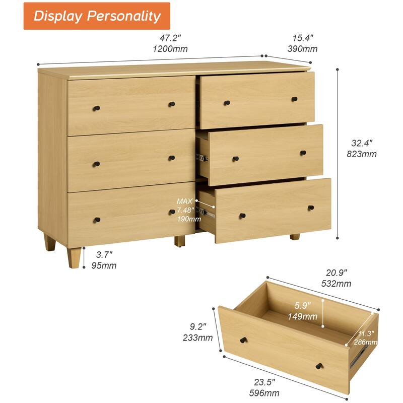 Wood Dresser with 6 Drawers for Bedroom, Closet, Nursery