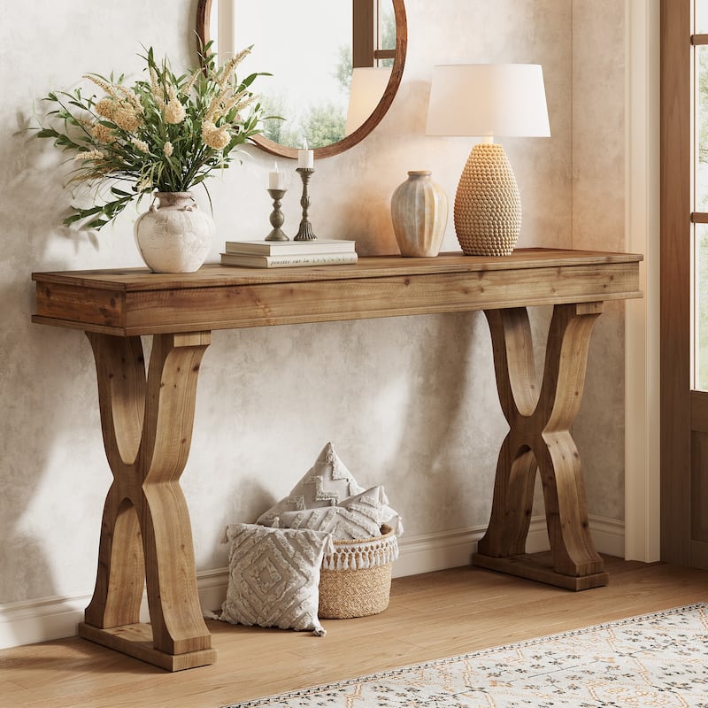 Farmhouse Solid Wood Console Table, 63-Inch Narrow Entryway Table - Brown