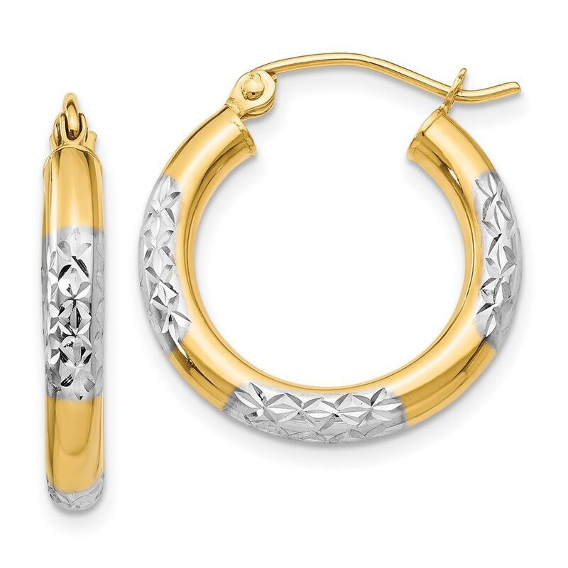 Curata 14k Yellow Gold Polished Hinged Post and Rhodium Sparkle Cut Hoop Earrings - 20mm