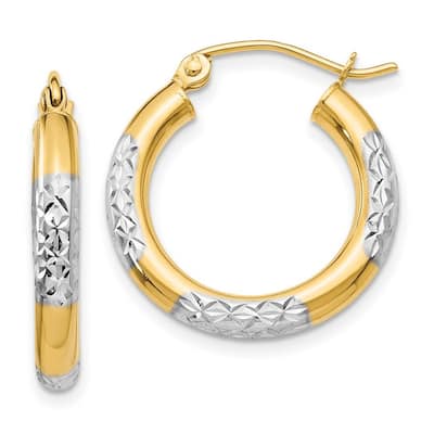 Curata 14k Yellow Gold Polished Hinged Post and Rhodium Sparkle Cut Hoop Earrings - 20mm