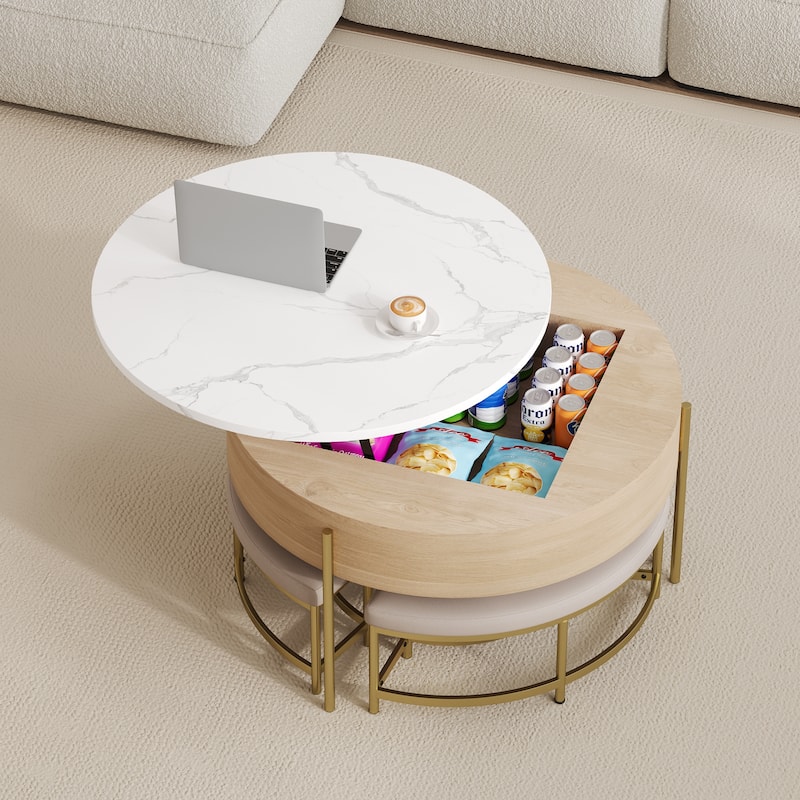 Modern Round Lift-Top Coffee Table with Storage & 3 Ottoman