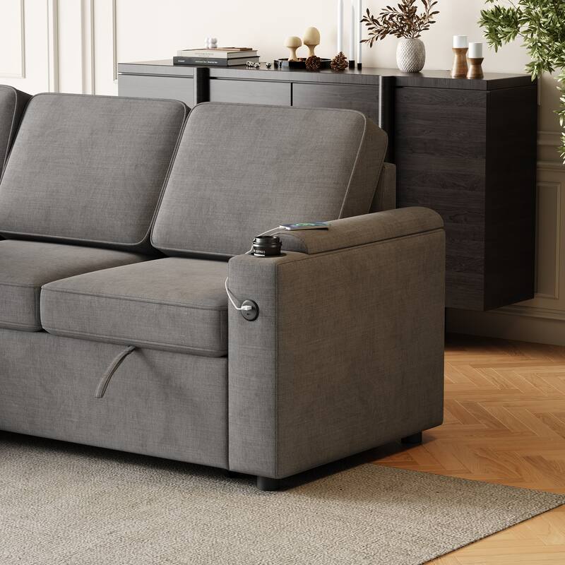Sleeper Sofa with Storage, Cup Holder and USB Charging Port,Couch with Pull Out Bed, Daybed for Living Room Bedroom