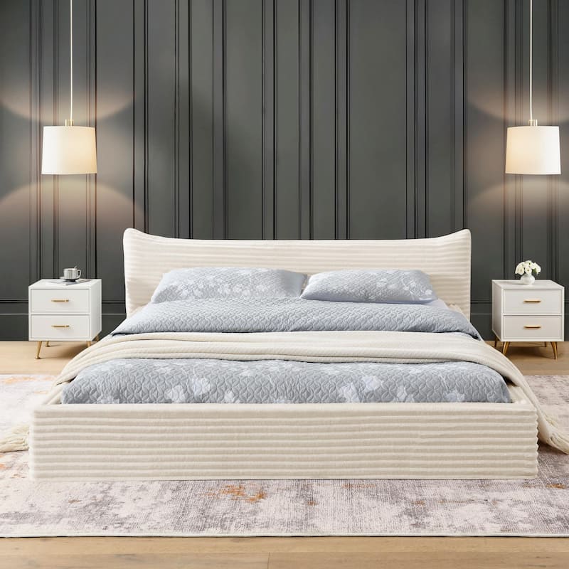 Queen Size Upholstered Bed Frame with Velvet Fabric - Beige