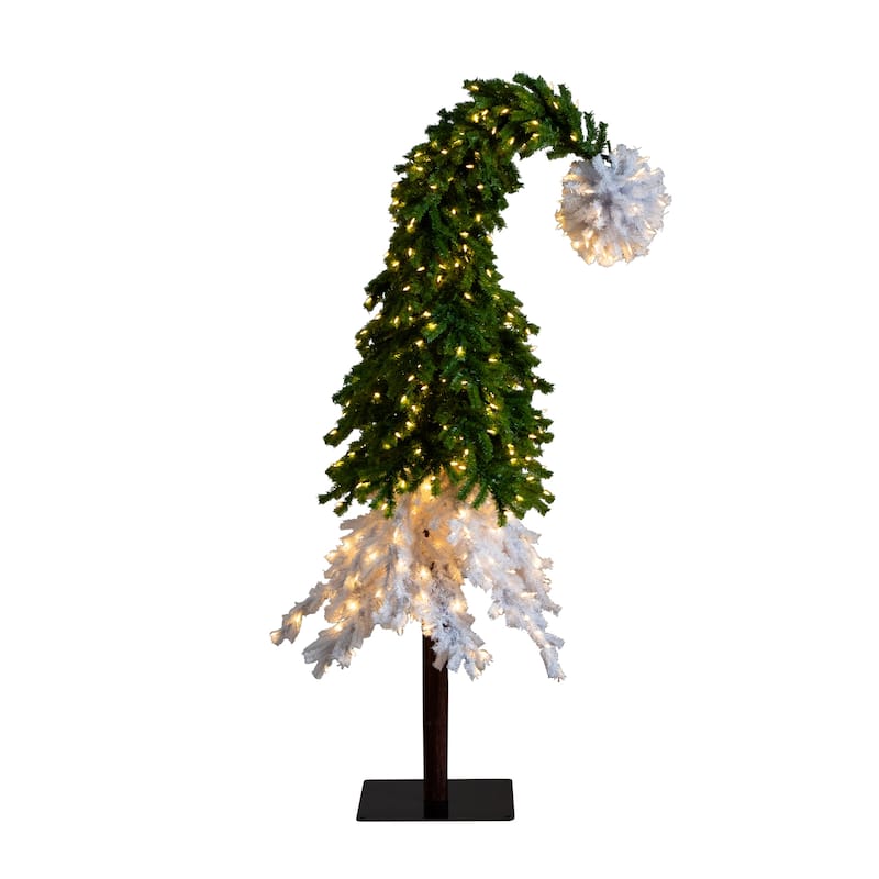 Pre-Lit Santa Hat Pine Artificial Christmas Tree - 7’ - Warm White LED Lights - 7 Foot