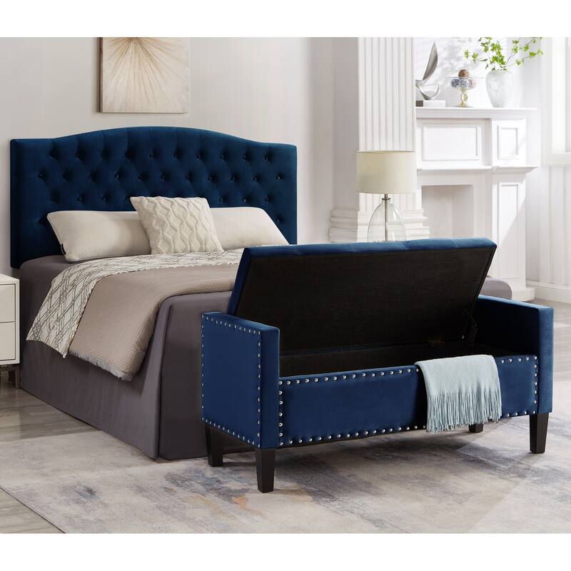 Upholstered Tufted Button Storage Bench with nails trim,Entryway Living Room Soft Padded Seat