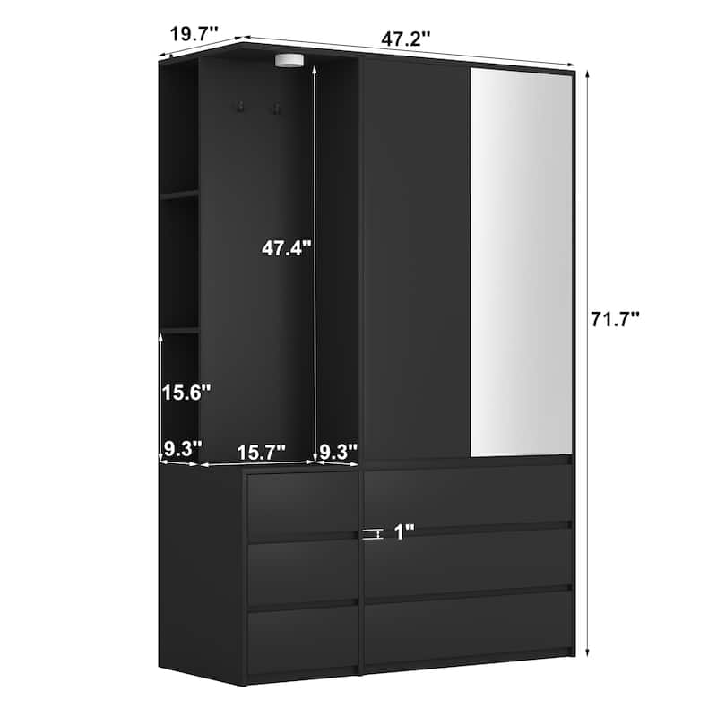 71.7" H Modern Wardrobe Closet with 2 Doors & 6 Drawers, Wooden Clothing Storage Cabinet with Hanging Rail
