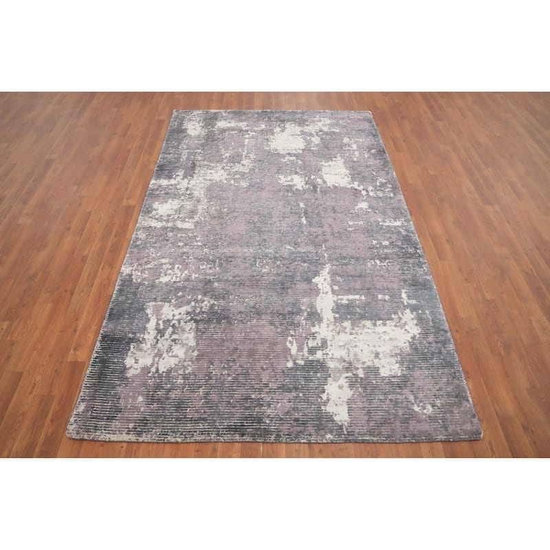 Hand Knotted Oriental Viscose Silk Carpet Modern All-Over Purples Abstract Area Rug - 8' 0'' X 5' 1''