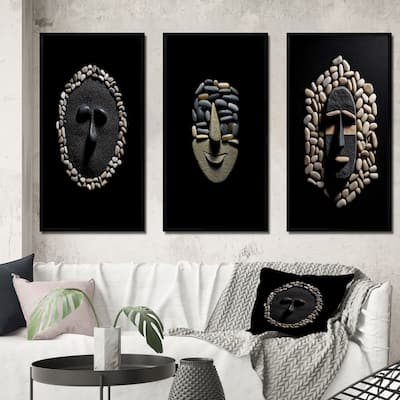 Designart "Black And White African Tribal Mask IV" African Framed Wall Art Set Of 3 Frame Gallery Set For Office Decor