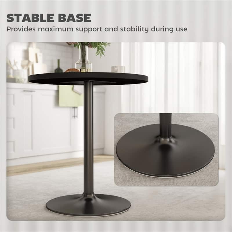 Modern Black Round Dining Table with Wood Grain Top and Metal Base Space-Saving Design for Kitchen - 27.6" Dia. x 29.9" H