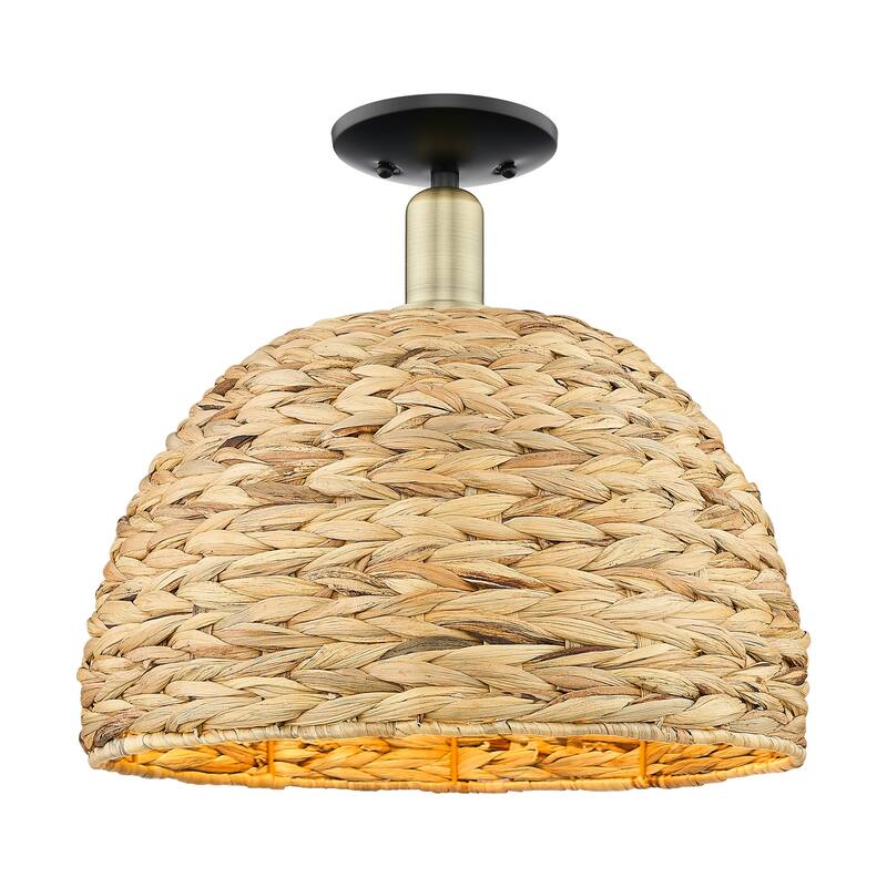 Innovations Lighting 716-1C-15-16 Woven Rattan Semi-Flush Woven Rattan - Black Antique Brass / Natural
