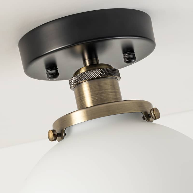 1-Light Vintage Modern Antique Brass and Black Glass Globe Bubble Semi-Flush Mount Light - 7.8 in. W x 11.2 in. H