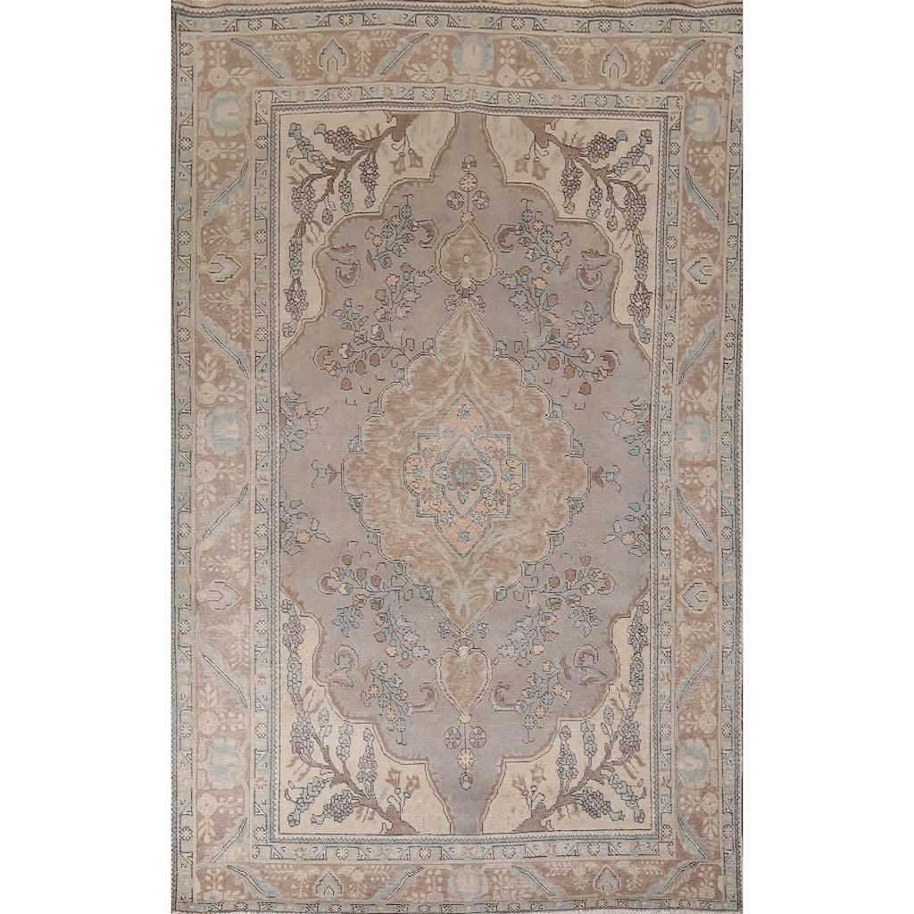 Floral Tabriz Vintage Persian Area Rug Handmade Grey Wool Carpet - 6'7" x 10'3"