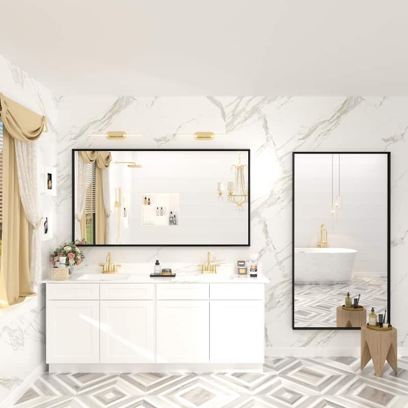 Full Size Metal Frame Wall Mirror Black Tempered Glass for Bathroom