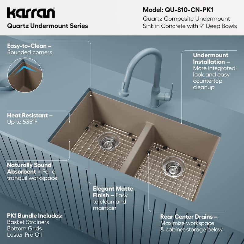 Karran 32" Undermount Double Equal Bowl Quartz Kitchen Sink Kit - 32" x 19.5" x 9"