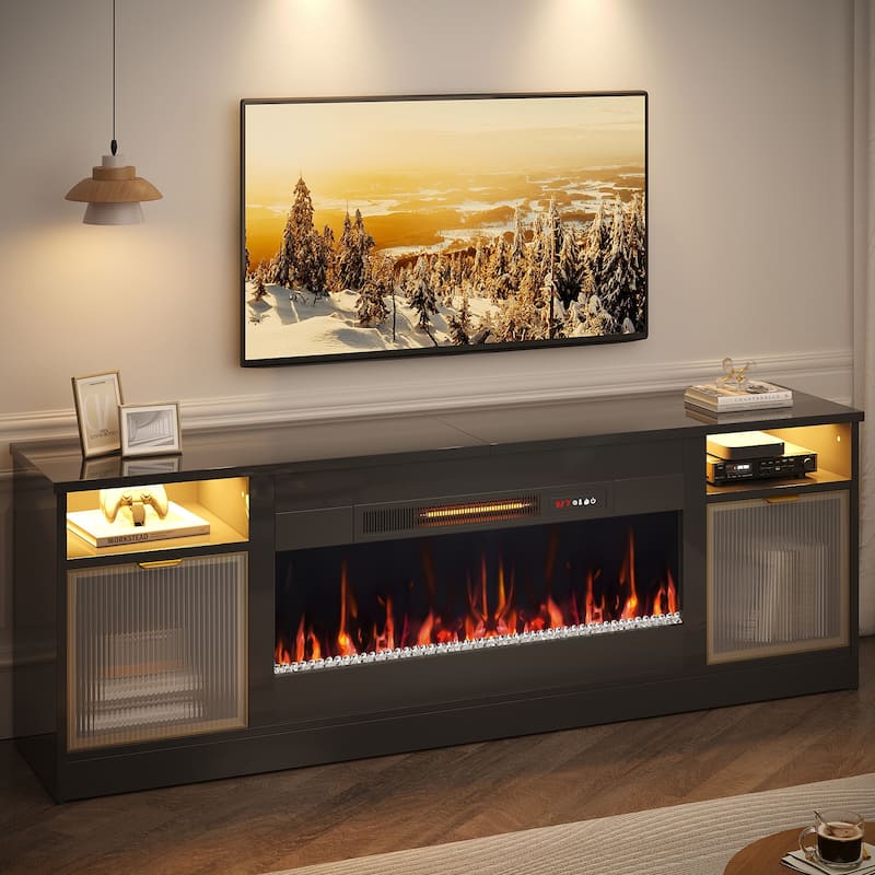 Bestier 71 in. Freestanding Fireplace TV Stand for TVs Up to 80 in. with Ample Storage in Glossy - 22.83hx71wx15.75d - Black