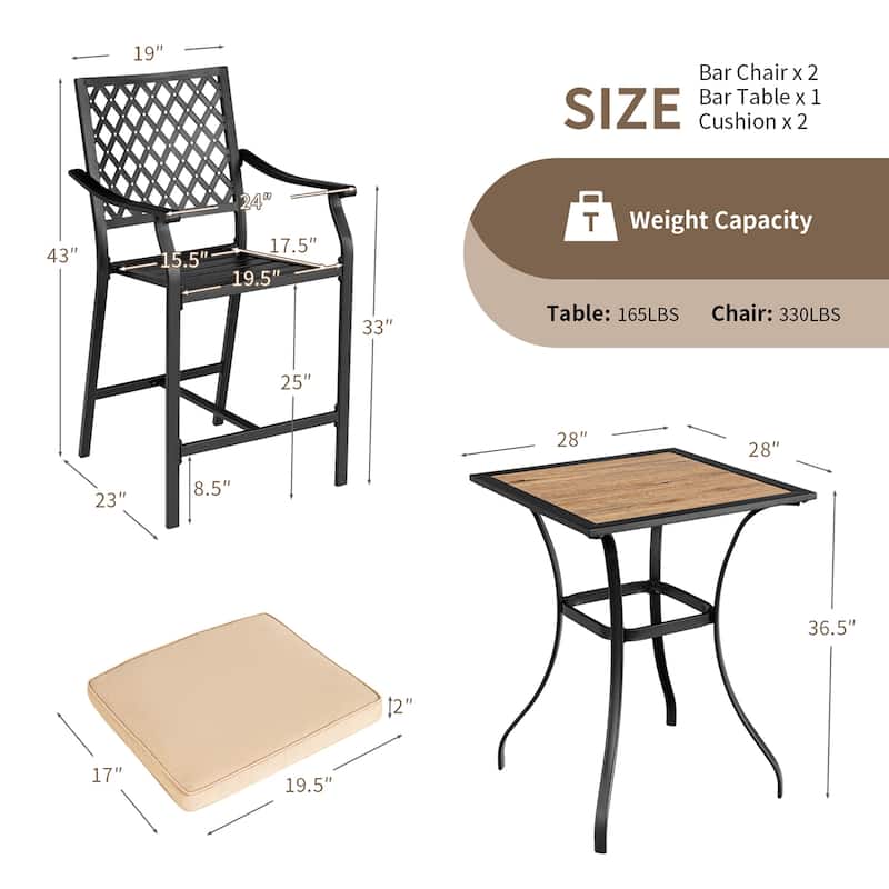 3PCS Patio Bar Table Set Outdoor Square Bistro Square Dining Table Set