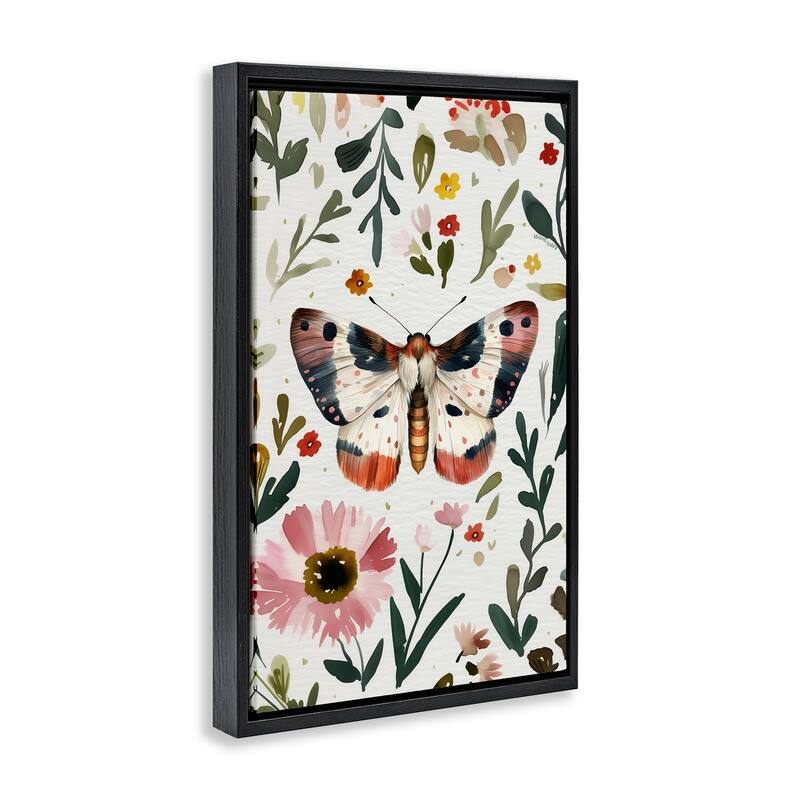 Stupell Moth & Organic Flowers Framed Floater Canvas Wall Art Design By The Dutch Lady