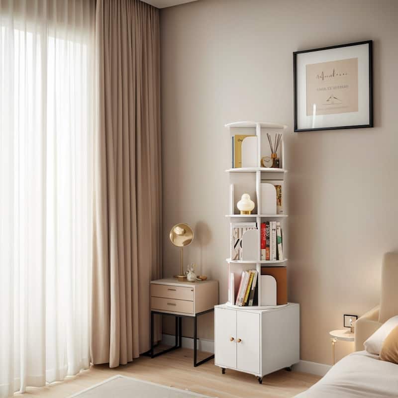 360 Degree Display 5 Tier Corner Bookshelf with Drawer, Floor Standing Bookcase Storage Rack, Wood Narrow Book Shelf Organizer