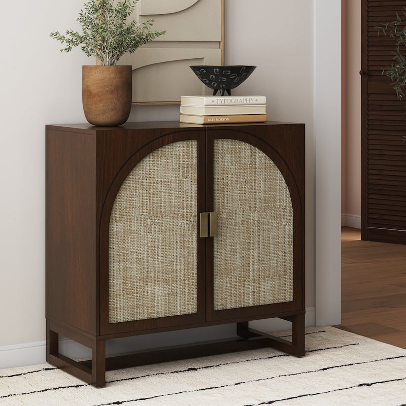 Paxton Boho Wood Storage Cabinet with Doors, Small Storage Cabinet or TV Stand with Rattan Door Details - Dark Walnut Single