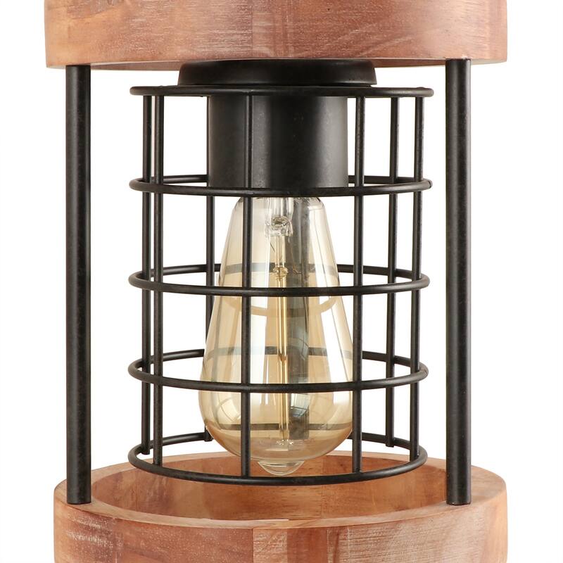 Farmhouse 1-Light Cylinder Wood Grain Metal Cage Kitchen Island Pendant Light Adjustable- Brown - D7" x H11"