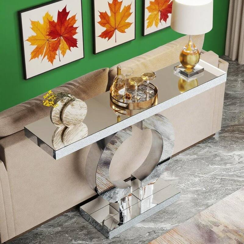 Acrylic and Glass Console Table with O-Shaped Base Design - 43.11"W x 11.61"D x 31.89"H