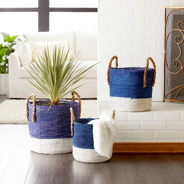 slide 1 of 8, Blue Dried Plant Material Coastal Storage Basket (Set of 3)