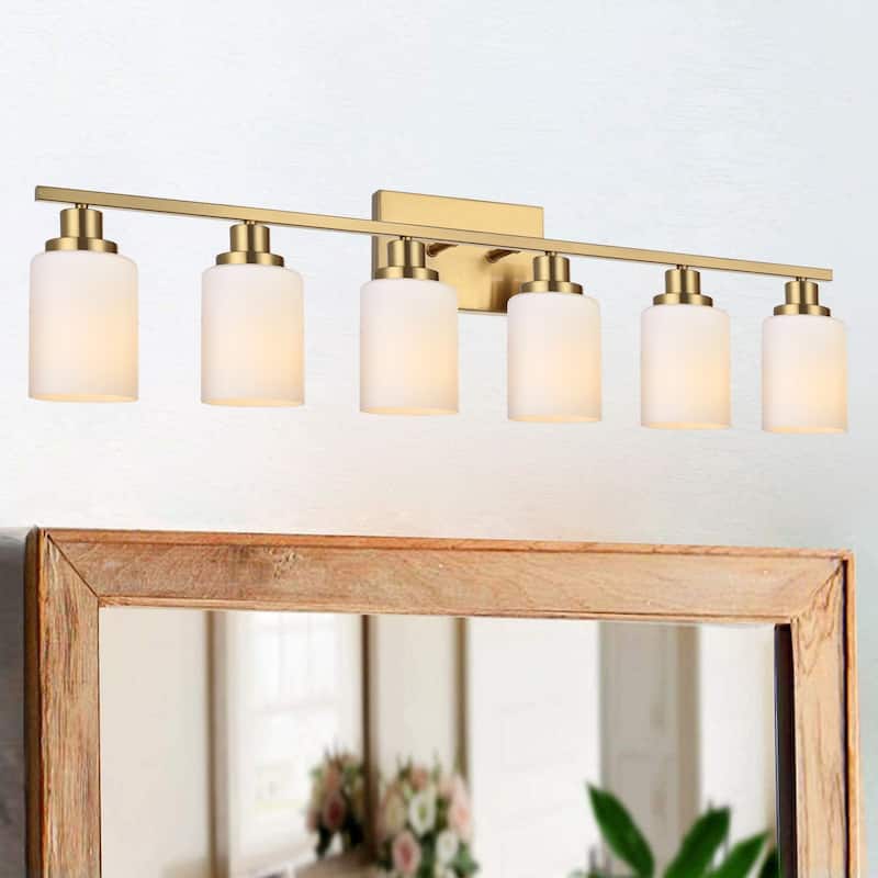 6-Light Bathroom Light Fixtures Brushed Brass 6-Light Bathroom Vanity Light, Bathroom Lights Over Mirror with Milky Glass Shade