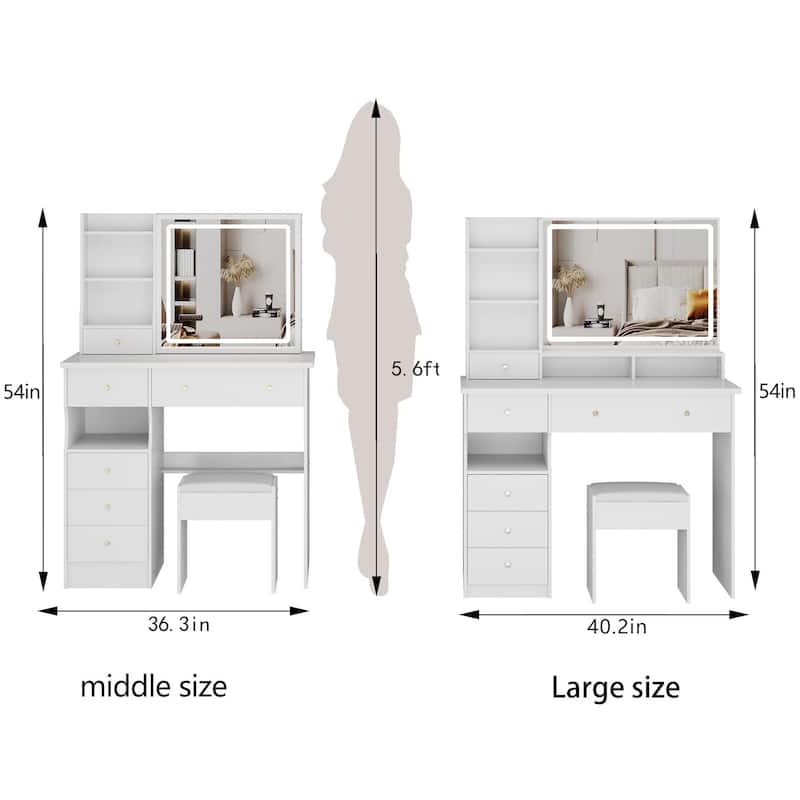 Modern Makeup Vanity Table with 27"x20" Lighted Mirror, 41" Wide Desktop, Left Drawer and Stool, Ideal for Large Rooms