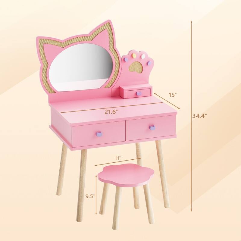Kids Cat Mirror Vanity Makeup Dressing Table With 7 Pretend Play Accessories - N/A