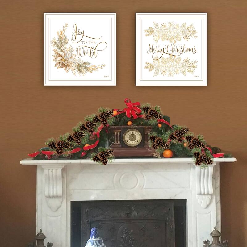 2-Piece Framed Wall Art Set - Golden Merry Christmas, White Frame