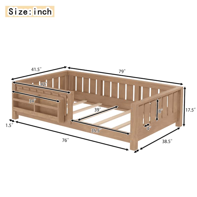 Low Profile Montessori Bed Floor Platform Bed with Fence and Bookshelf
