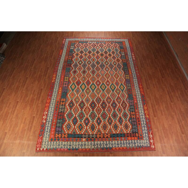 Geometric Kilim Oriental Large Rug Hand-Woven Southwestern Wool Carpet - 10'2"x 16'1"