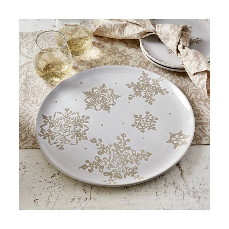 "Falling Snow Platter" Winter Gold Snowflake 14-inch Round White Dolomite - 14 x 14