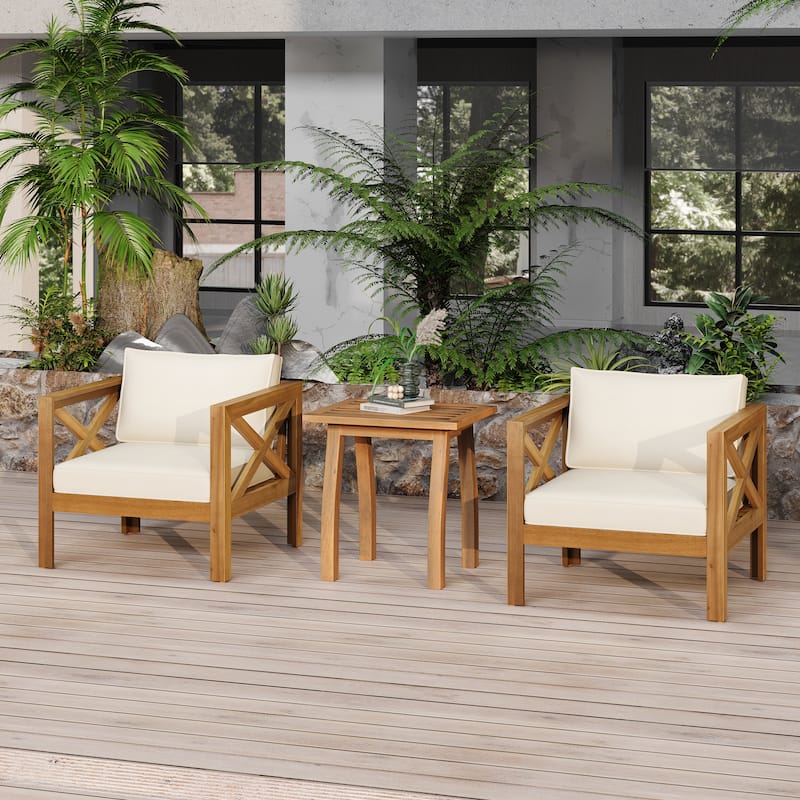3 Piece Patio Conversation Set, Outdoor Wood Leisure Seat(Set of 2),Armchair with Cushions,Selma Acacia Wood End Table - Beige,Teak