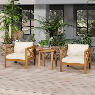 3 Piece Patio Conversation Set, Outdoor Wood Leisure Seat(Set of 2),Armchair with Cushions,Selma Acacia Wood End Table