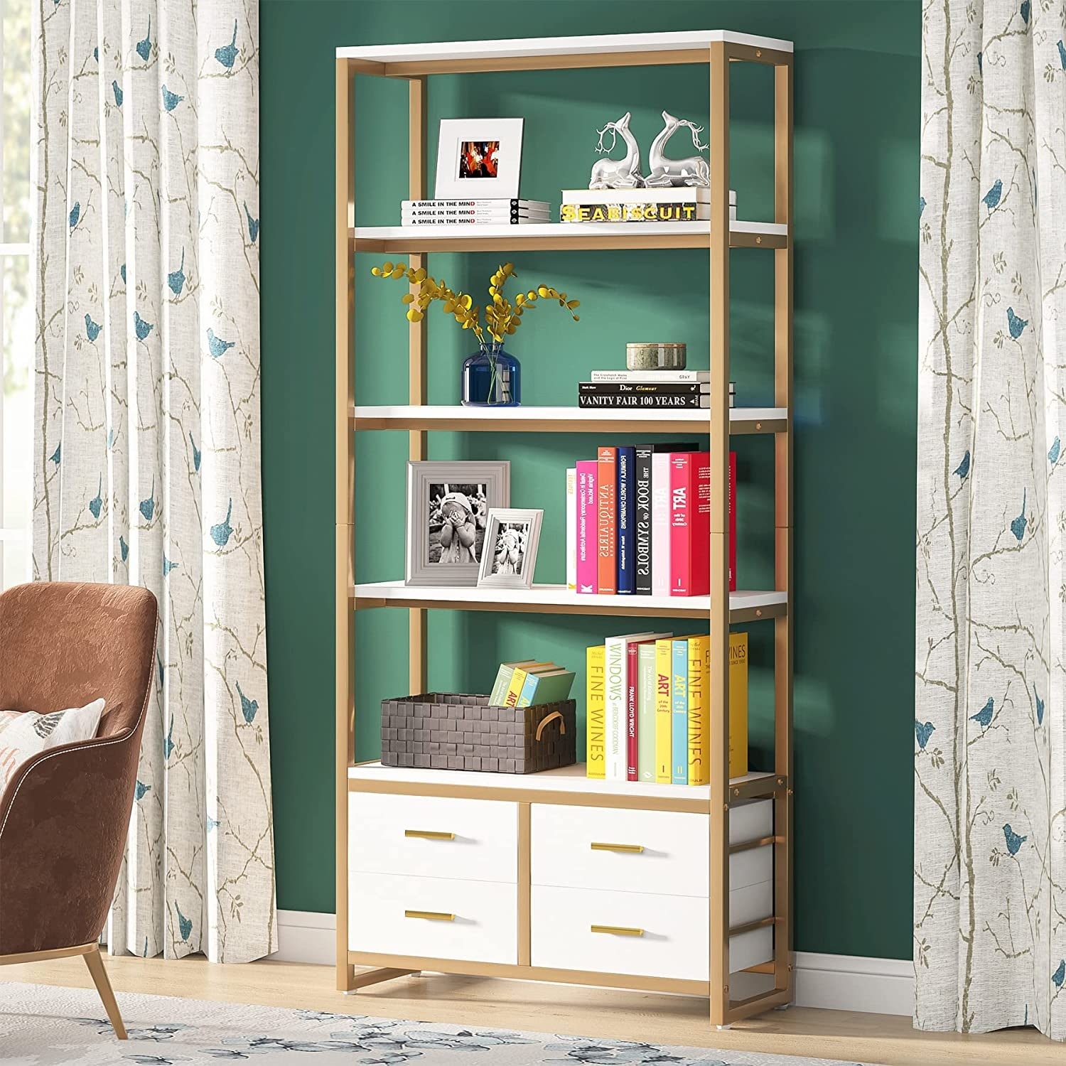 5 Tier Etagere Bookcase with 4 Storage Drawers On Sale Bed