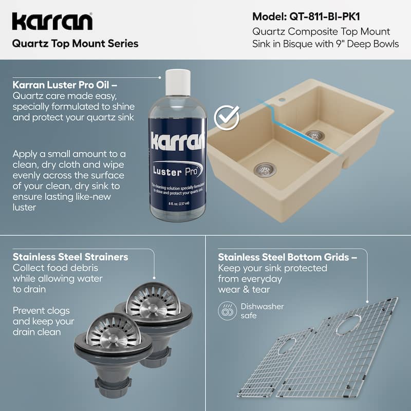 Karran 33" Top Mount Large/Small Bowl Quartz Kitchen Sink Kit - 33" x 22" x 9"