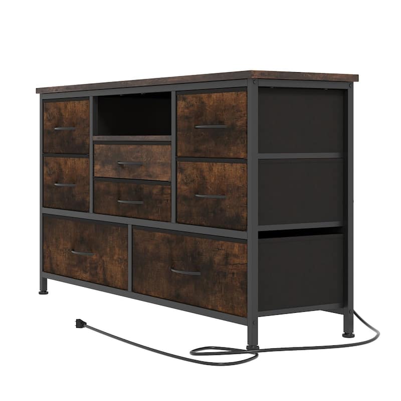 8-Drawer Fabric TV Stand with LED Lights & Built-in Power Outlets