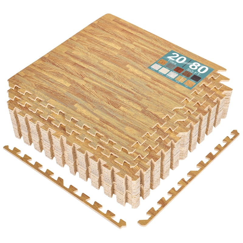 Sorbus 80 Sq. Ft. Wood Grain Floor Tiles Foam Mat EVA Interlocking Mats Tile 3/8-Inch Thick Flooring Wood Puzzle Exercise Mats - Light Brown